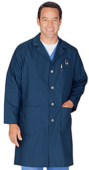 Lab coat, long sleeve, cotton, 3 front pockets, navy blue, size L